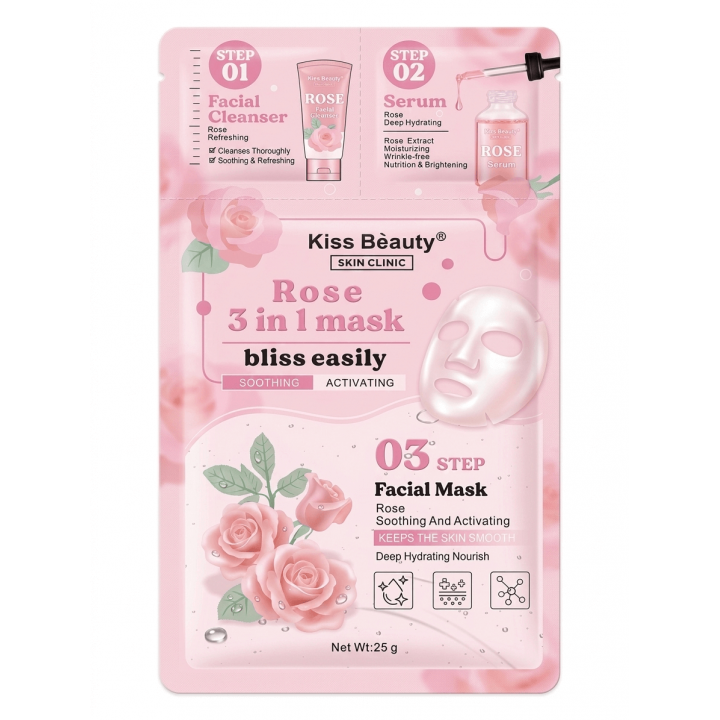 Маска для лица 3в1 Kiss Beauty с экстрактом розы