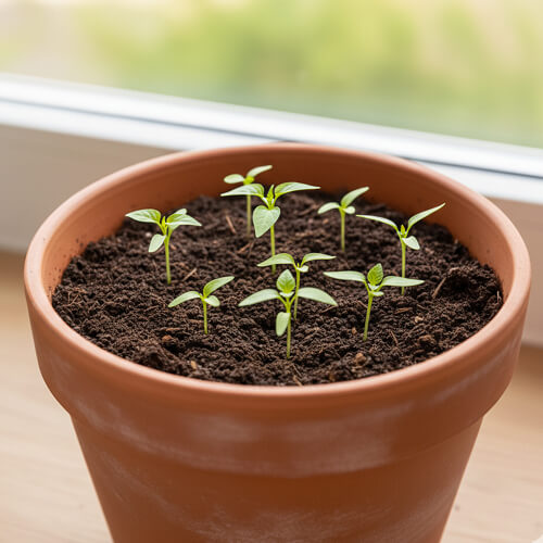 Ростки рассады в горшке с землей на подоконнике