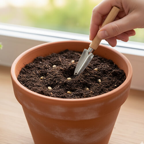 Рука с лопаткой сажает семена в горшок с землей, котрый стоит на подоконнике