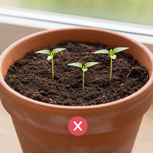 Горшок с землей и тремя проросшими семенами рассады