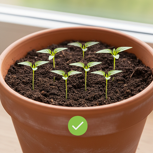 Горшок с землей и семью проросшими семенами рассады