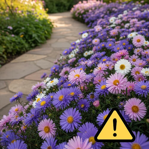 Клумба с астрами вдоль садовой дорожки из камня