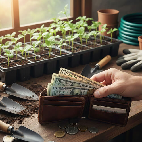 Мужская рука держит кожаный кошелек с купюрами 100 долларов возле ящиков с молодыми растениями.