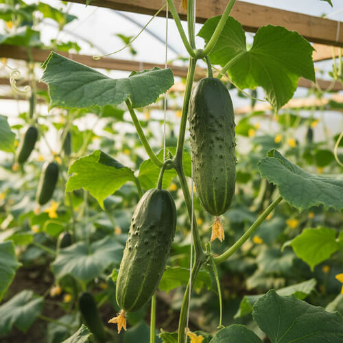Огурцы висят на плети в теплице