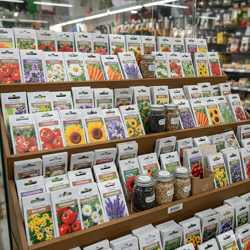 Деревянный стелаж с семенами в садовом магазине