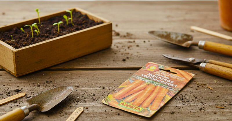 Деревянный ящик с рассадой стоит на деревянном столе возле садового инструмента и пакета с семенами