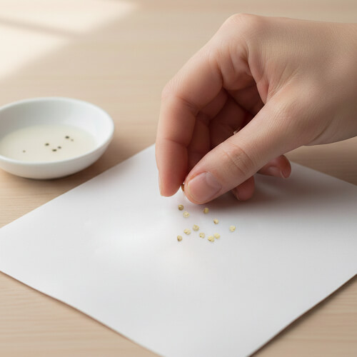 Рука раскладывает семена на салфетку для замачивания их перед посадкой.