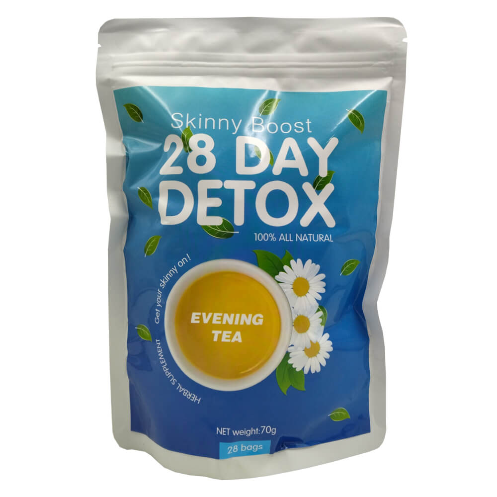 Мягкая тетра упаковка сине-голубого цвета и надписью 28 day detox Evening tea.