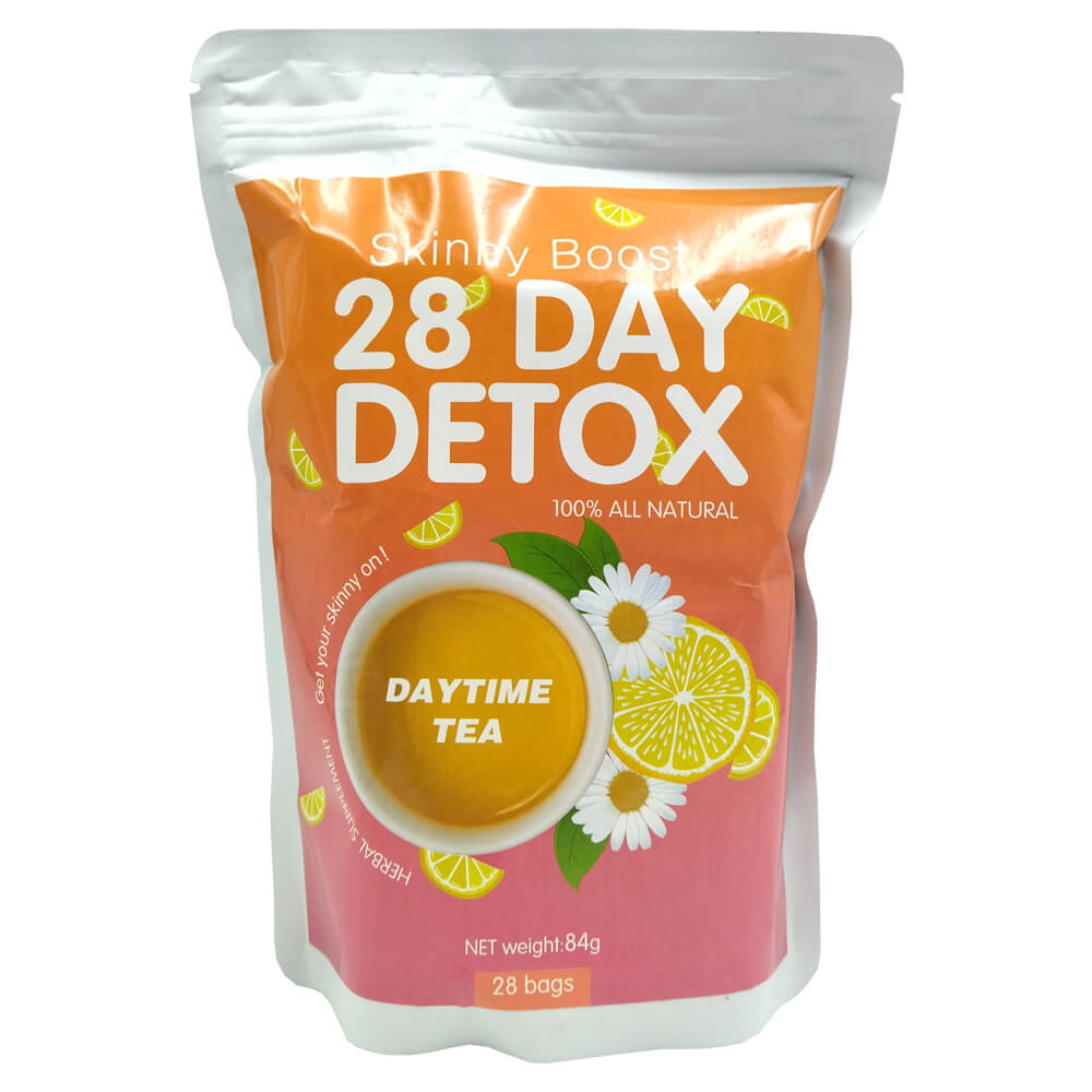 Мягкая тетра упаковка оранжево-розового цвета с зип замком и надпись 28 day detox Daytime tea.